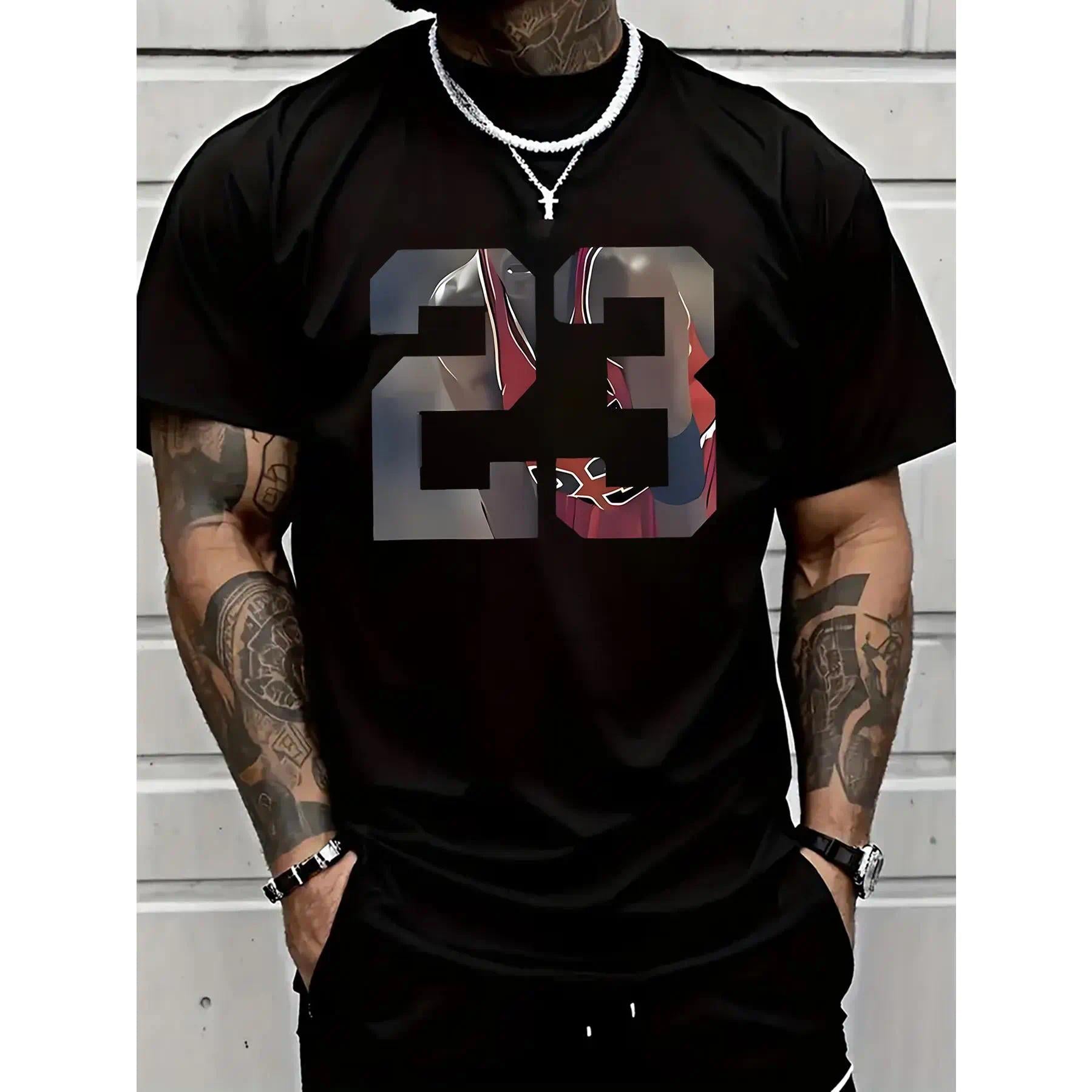 Men'S 23 Graphic Printed T-Shirt, Casual Short-Sleeved Round Neck T-Shirt, Cotton, Round Neck, Casual And Fashionable, Trendy And Versatile, Comfortable And Breathable, Machine Washable, Suitable For All Seasons