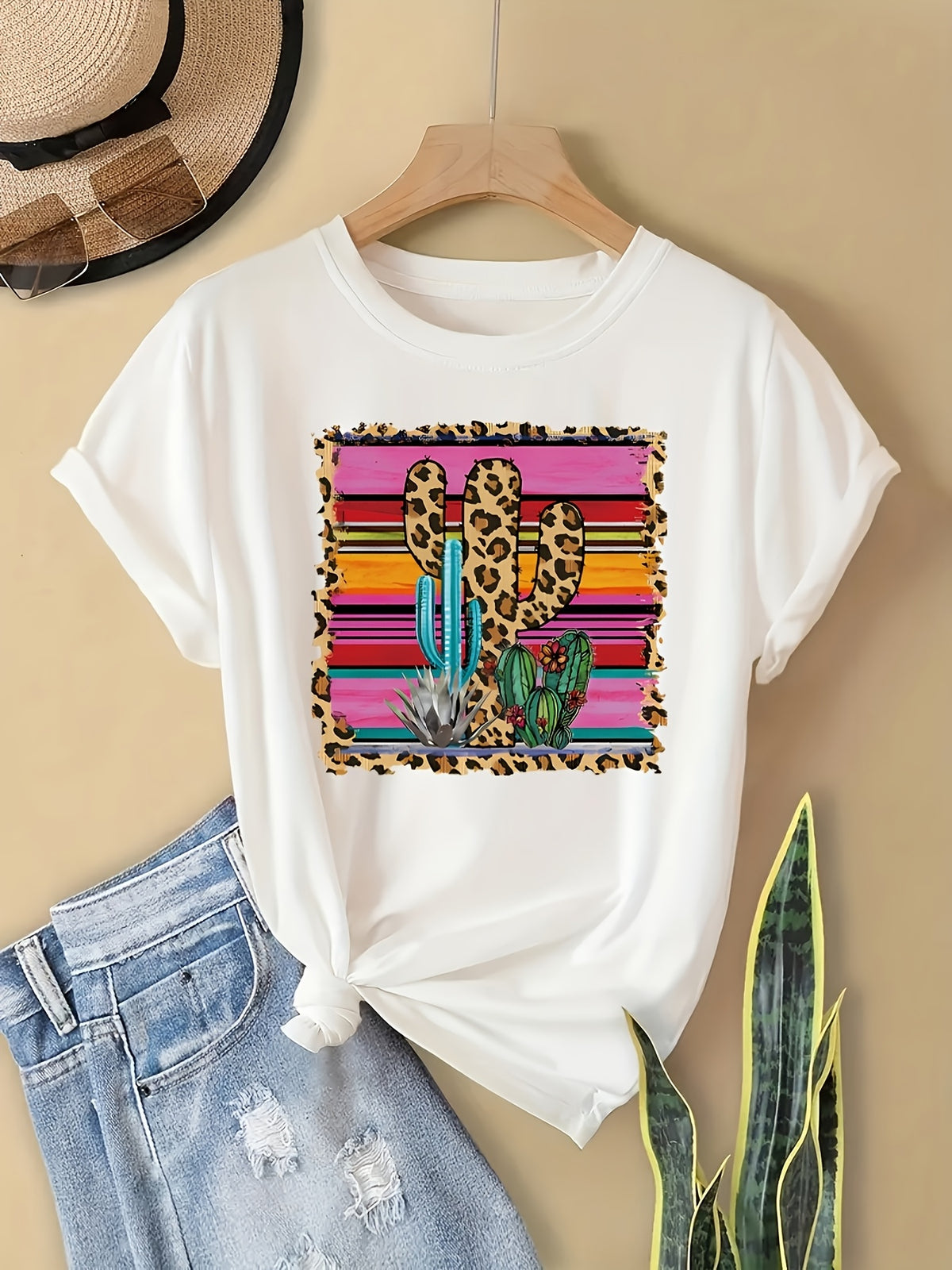Retro Western Cactus Tee, Relaxed Fit Round Neck Short Sleeve Shirt, Material, Cozy for Every Season