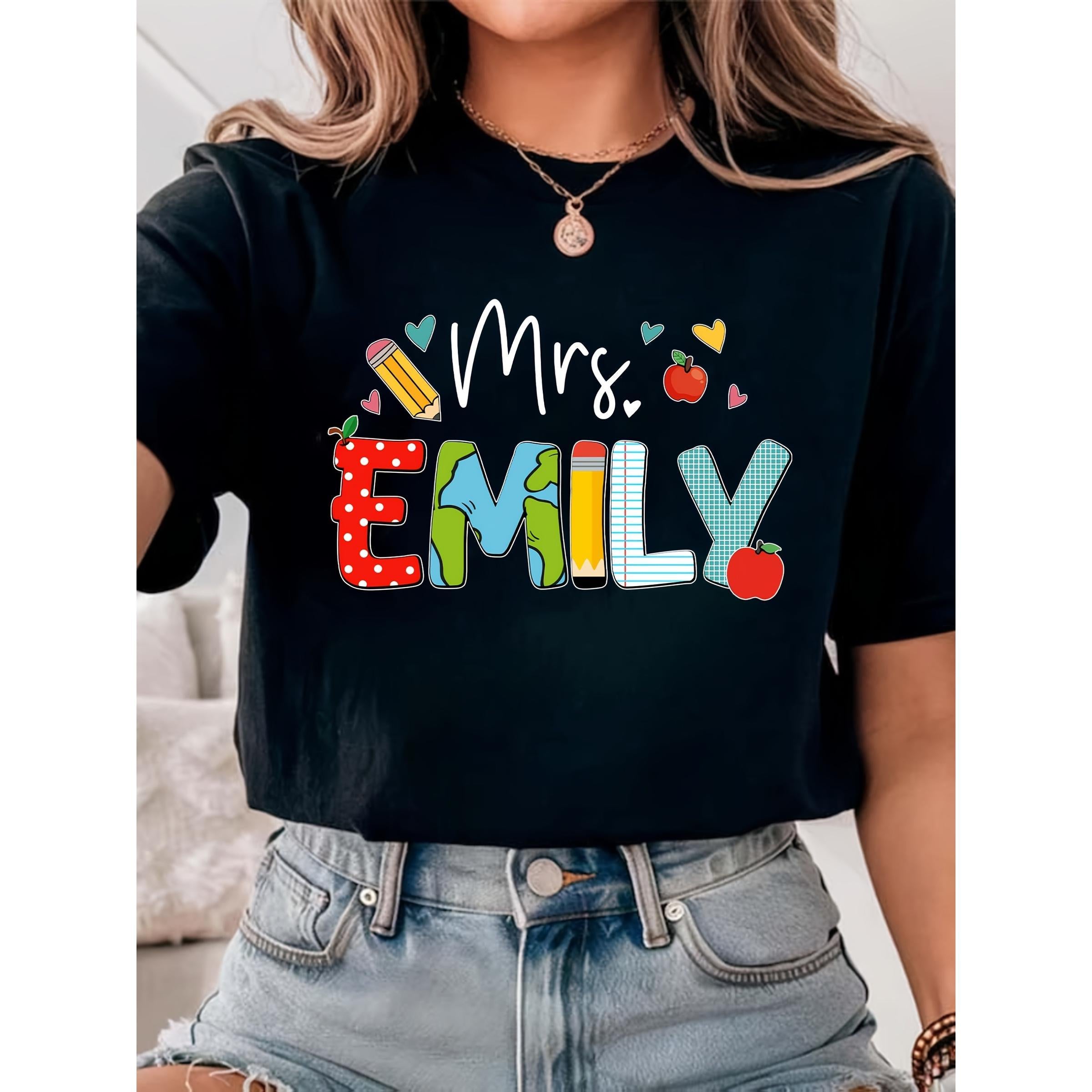 Teacher Appreciation Graphic T‑Shirt for Women, Casual Crewneck Short Sleeve Tee, Cute Pencil Apple School Art Print Everyday Tops