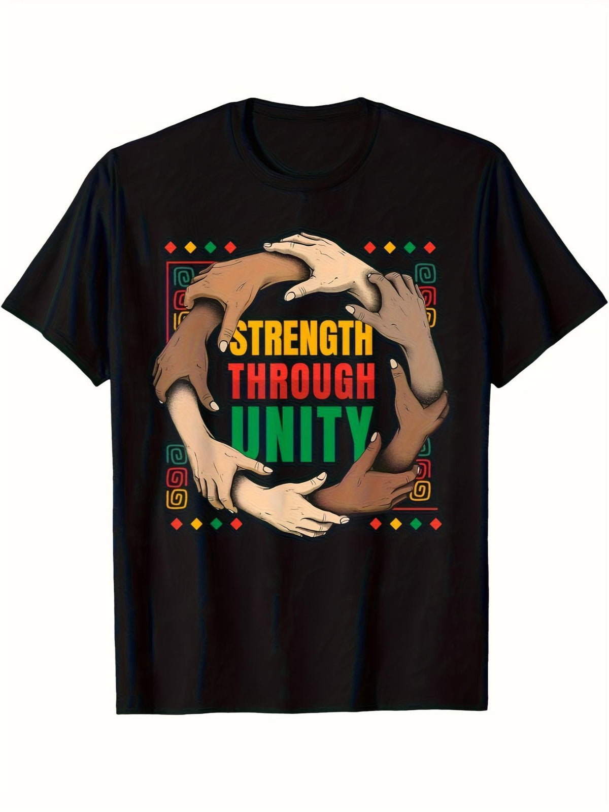 Strength Through Unity Design – Black Short-Sleeve Crew Neck for Summer Outdoor Adventures, Timeless Essential,  Empowering Hands T-Shirt