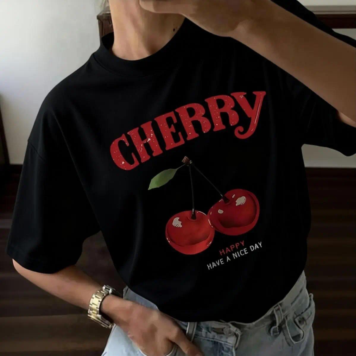 Casual Streetwear Tshirt with Cherry Letter Graphic, Women's Cotton Shortsleeve Round Neck Fashion Top