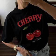 Casual Streetwear Tshirt with Cherry Letter Graphic, Women's Cotton Shortsleeve Round Neck Fashion Top