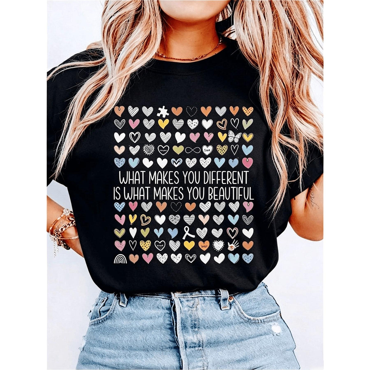 Women What Makes You Different Is What Makes You Beautiful Hearts Graphic T-Shirt Autism Awareness Inspirational Casual Short Sleeve Tee