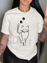 Minimalist Cat T-Shirt Cute Line Art Cat Lover Tee