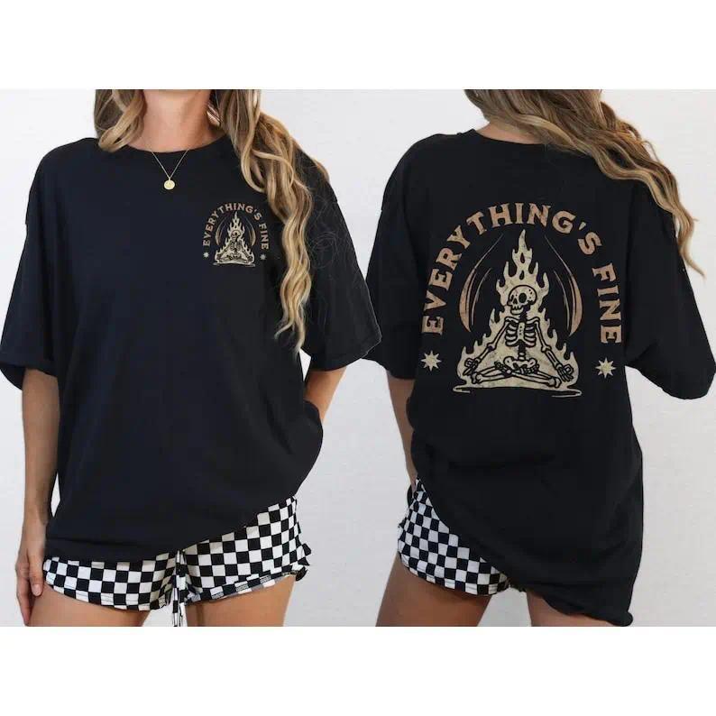 Vintage Distressed Meditating Skeleton T-shirt | Everything's Fine Gothic Casual Graphic Tee