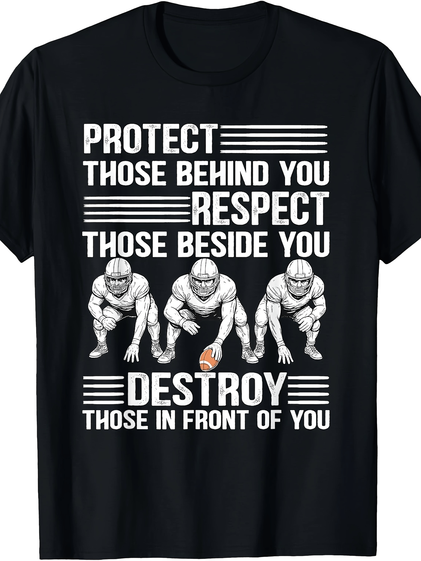 Men's Offensive Lineman Football Graphic T-Shirt, Protect Respect Dominate Sports Quote Tee, American Football Player Crew Neck Short Sleeve Cotton Shirt, Athletic Team Spirit Gift for Football Fans