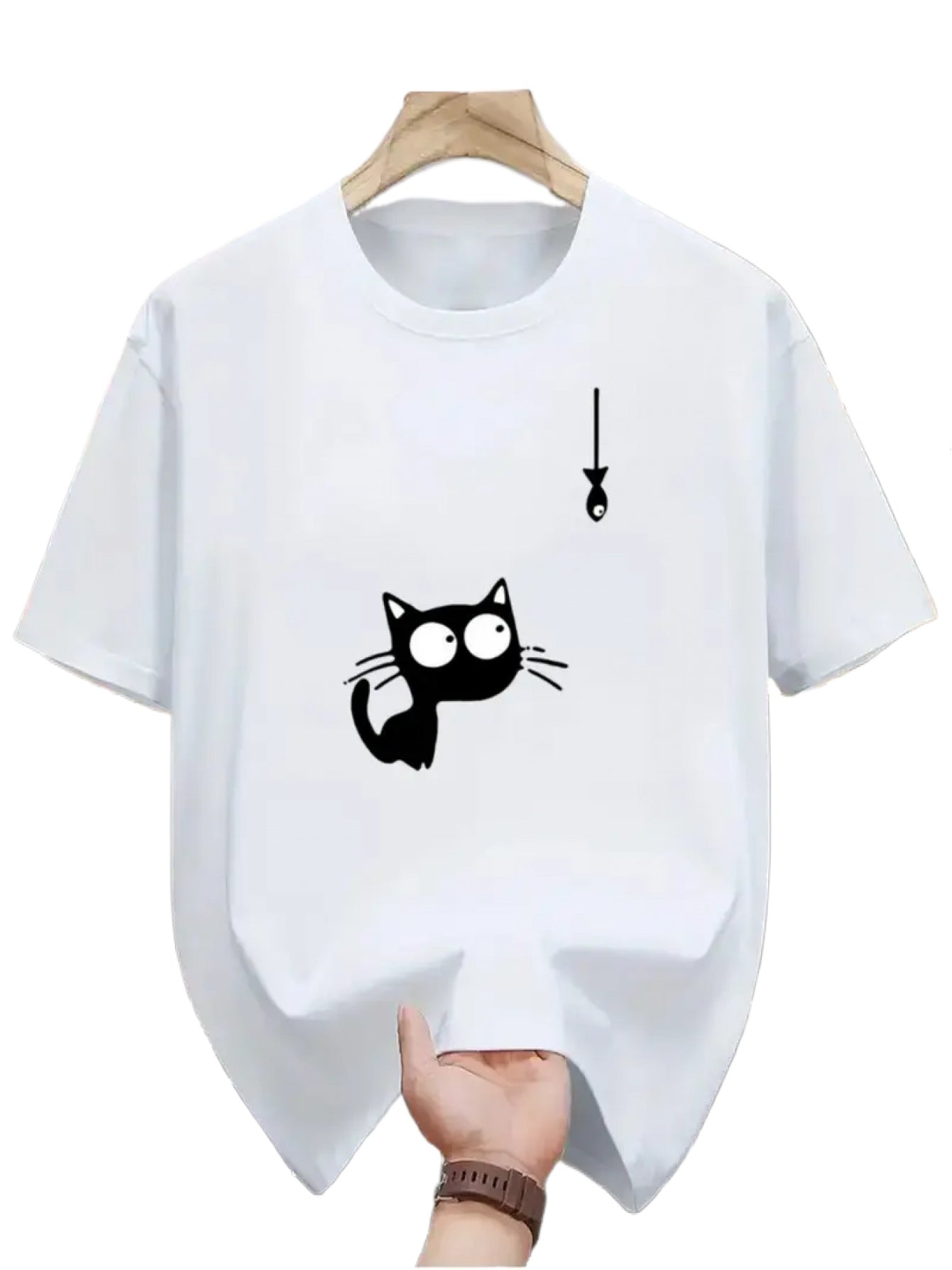 Minimal Cartoon Cat Graphic Short Sleeve T‑Shirt, Funny Black Cat Chasing Fish Crew Neck Casual Daily Unisex Top