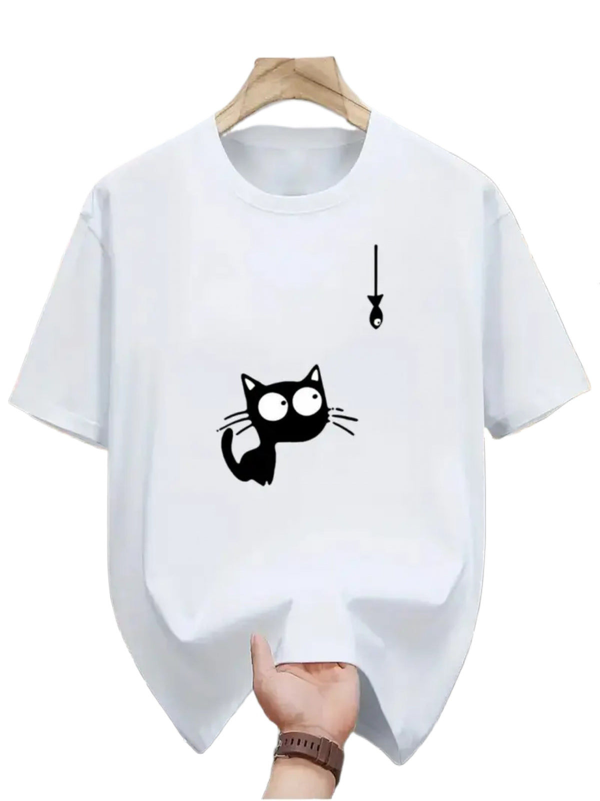 Minimal Cartoon Cat Graphic Short Sleeve T‑Shirt, Funny Black Cat Chasing Fish Crew Neck Casual Daily Unisex Top