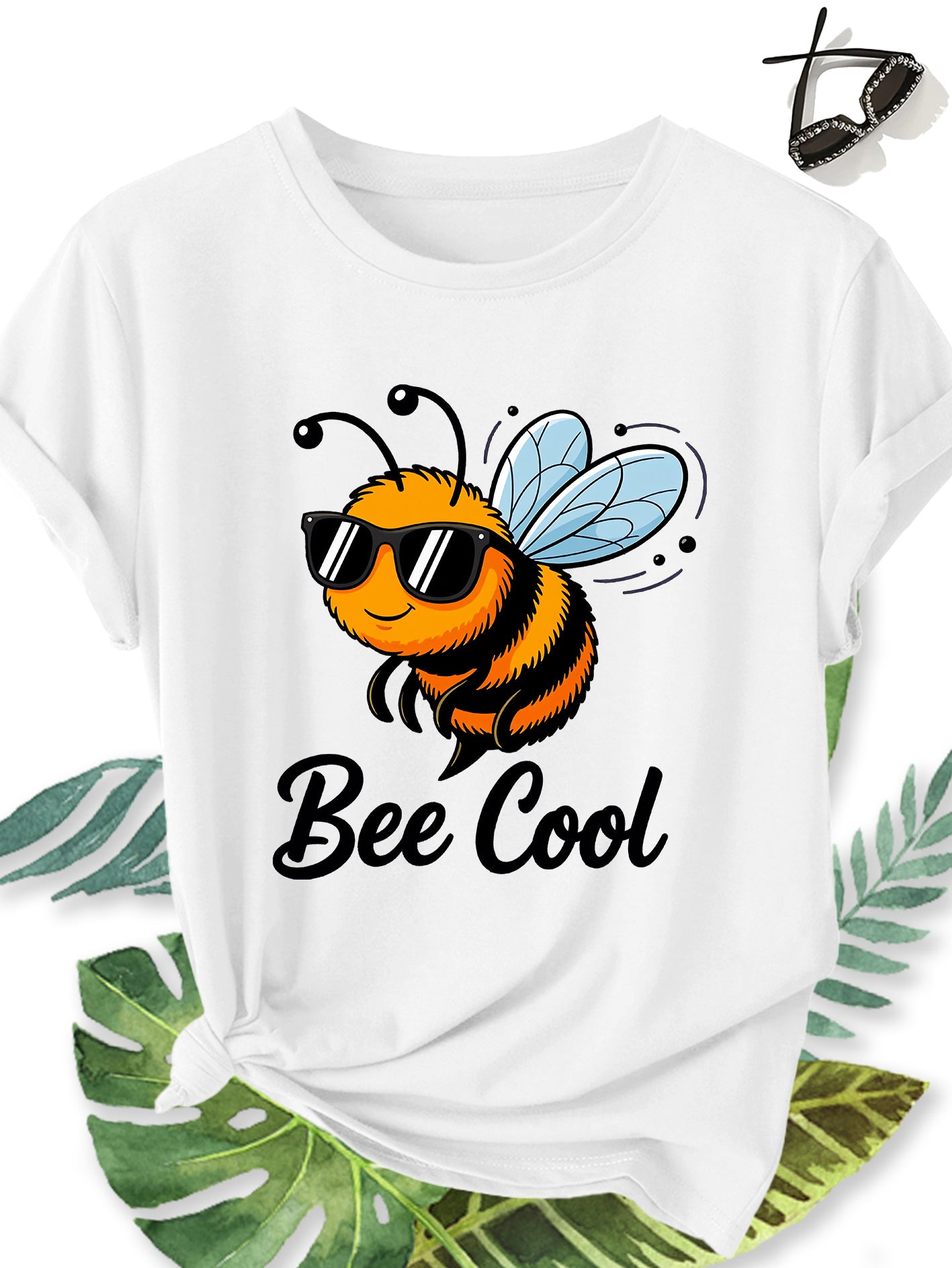 Women Bee Cool Cute Bee Graphic T‑Shirt, Crew Neck Short Sleeve Casual Animal Print Summer Tee Top