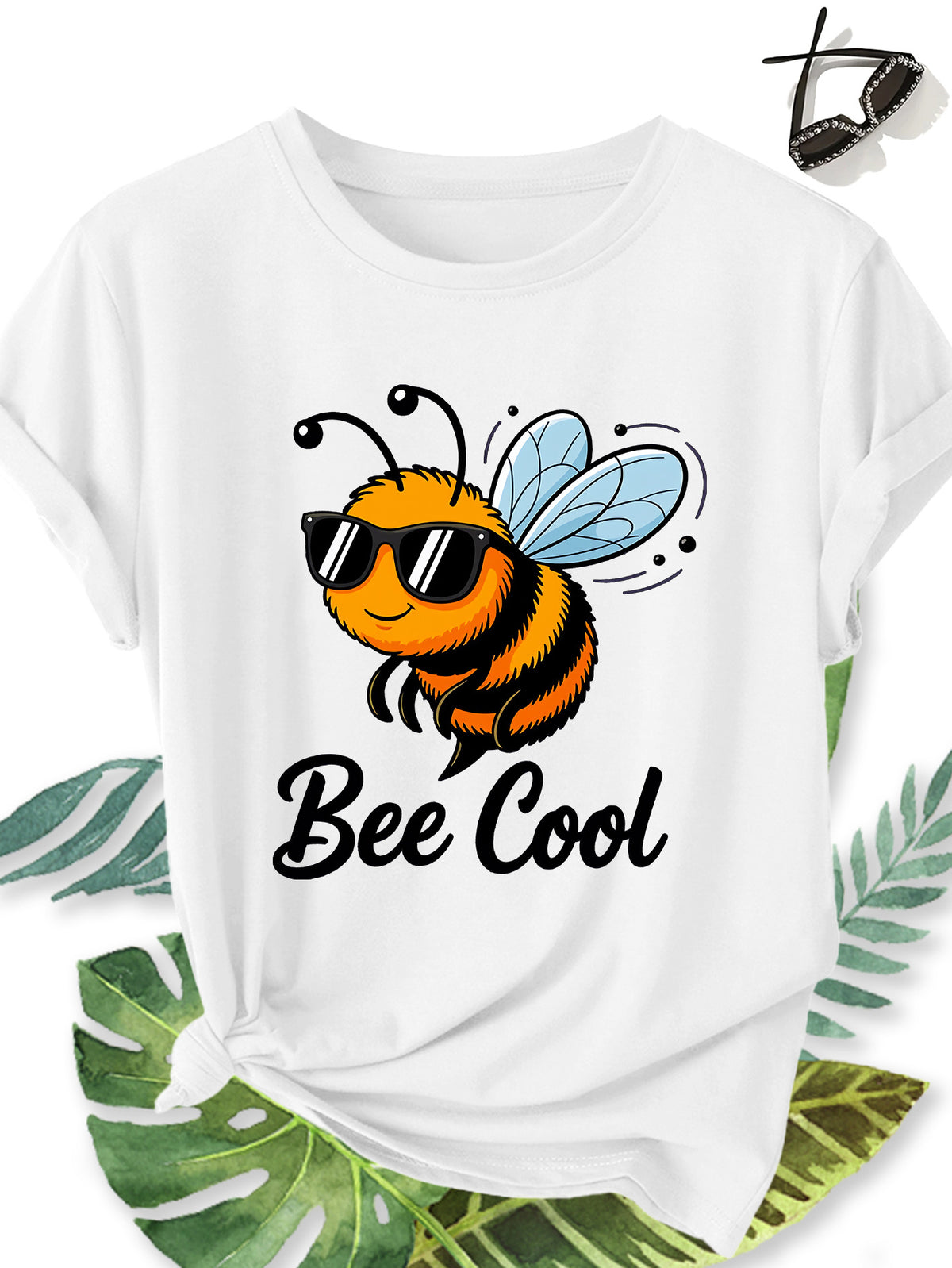 Women Bee Cool Cute Bee Graphic T‑Shirt, Crew Neck Short Sleeve Casual Animal Print Summer Tee Top