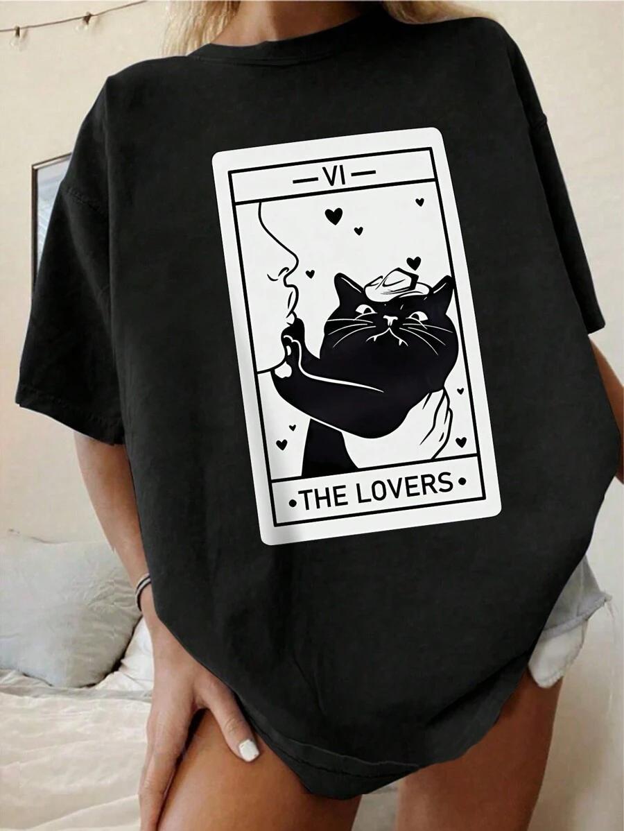 INAWLY Plus Size Women's Casual Short Sleeve T-Shirt With Letter And Cat Print