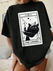INAWLY Plus Size Women's Casual Short Sleeve T-Shirt With Letter And Cat Print