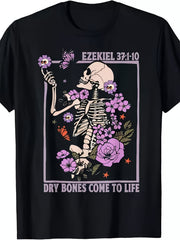 Dry Bones Come To Life Floral Skeleton Graphic T-Shirt, Unisex Cotton Crew Neck Short Sleeve Tee, Inspirational Faith Novelty Shirt, Religious Scripture Gift For Men And Women