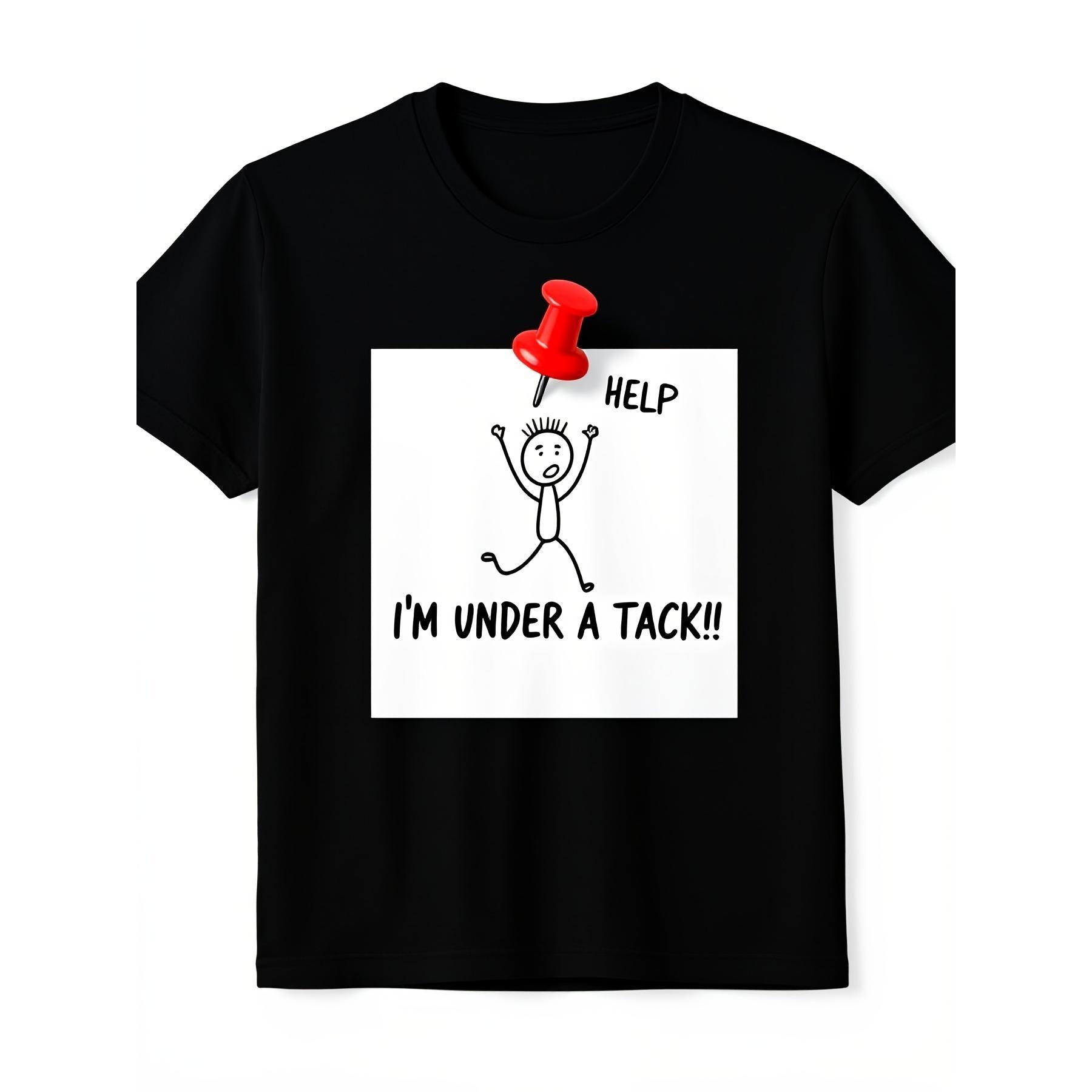 Help I'm Under A Tack Funny Stickman Graphic T-Shirt, Unisex Soft Cotton Crew Neck Top, All Season Pun Humor Tee, Casual Daily Outfit for Pun Lovers and Meme Enthusiasts