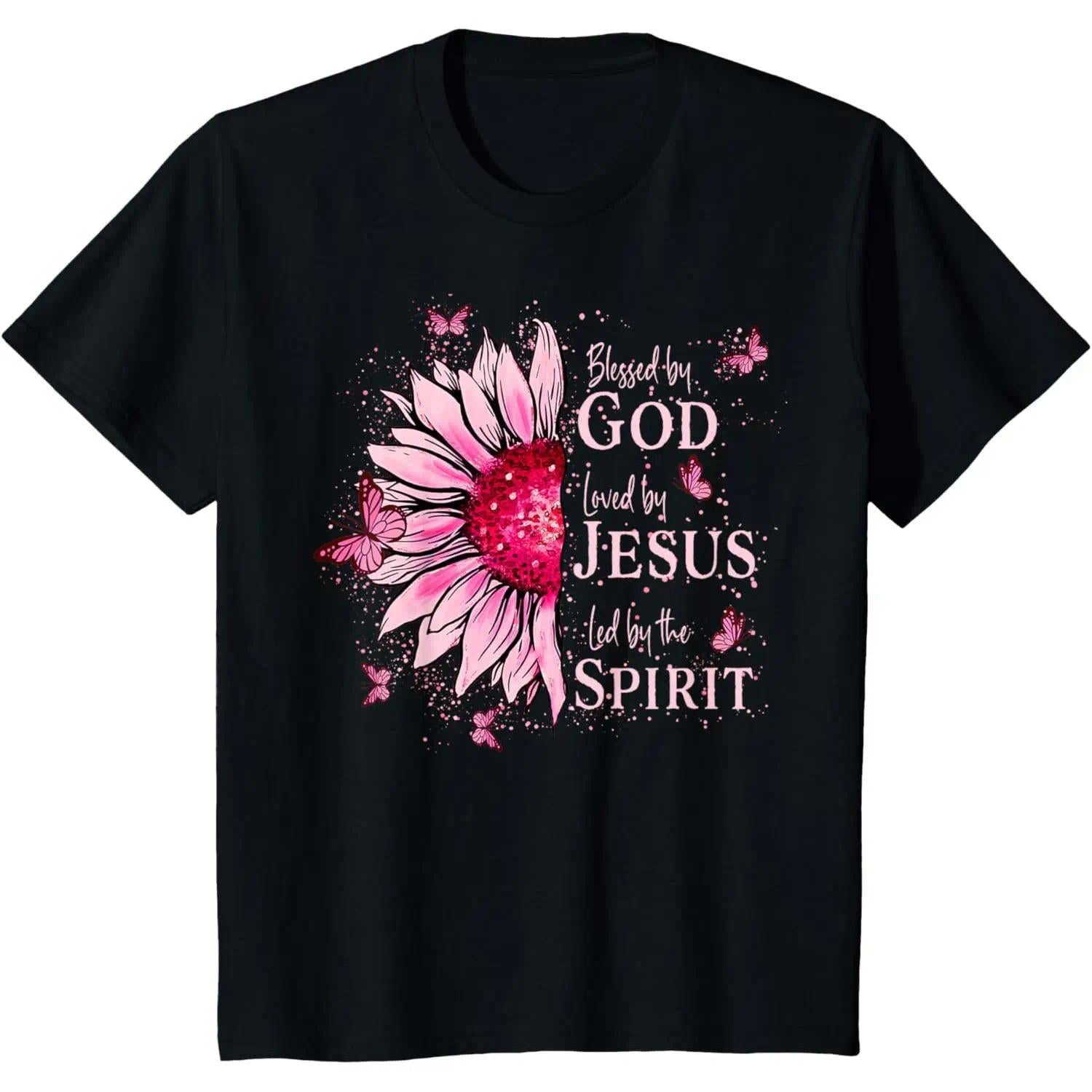 Blessed By God Loved By Jesus Pink Sunflower Butterfly Graphic Short‑Sleeve T‑Shirt