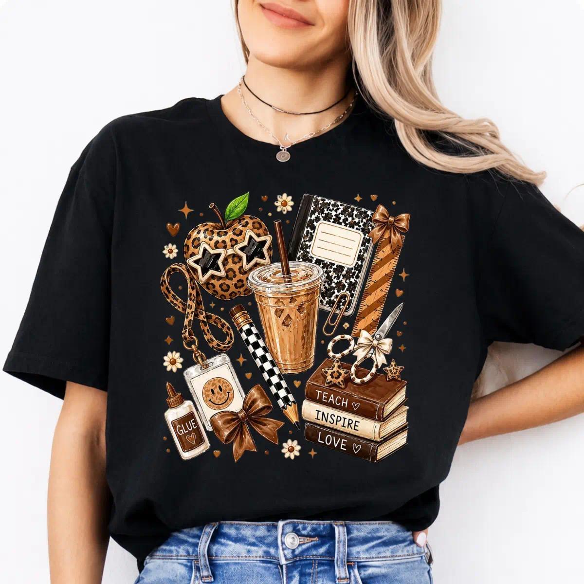Leopard Teacher Shirt, Cute Teach Inspire Love Graphic Tee, Coffee  Notebook School Supplies Shirt, Back to School Teacher Gift, Trendy Teacher Tee