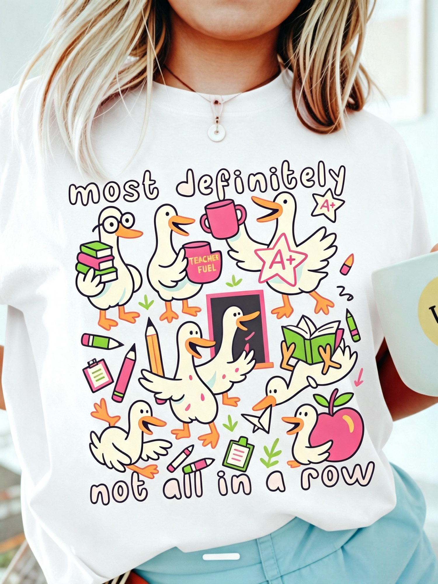 Cute Duck Teacher Graphic T‑Shirt for Women, Fun Teacher Life Casual Crewneck Short Sleeve Tee, Educator Appreciation Gift Top