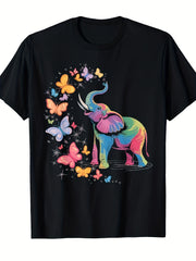 Colorful Rainbow Elephant With Butterflies Graphic T-Shirt, Unisex Cotton Crew Neck Short Sleeve Tee, Cute Wild Animal Casual Novelty Shirt, Gift For Elephant Lovers