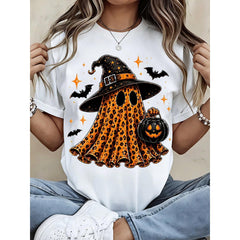 Women's Halloween Leopard Ghost T Shirt Witch Hat Pumpkin Print Tee Orange Black Short Sleeve Casual Top Fall Party Outfit