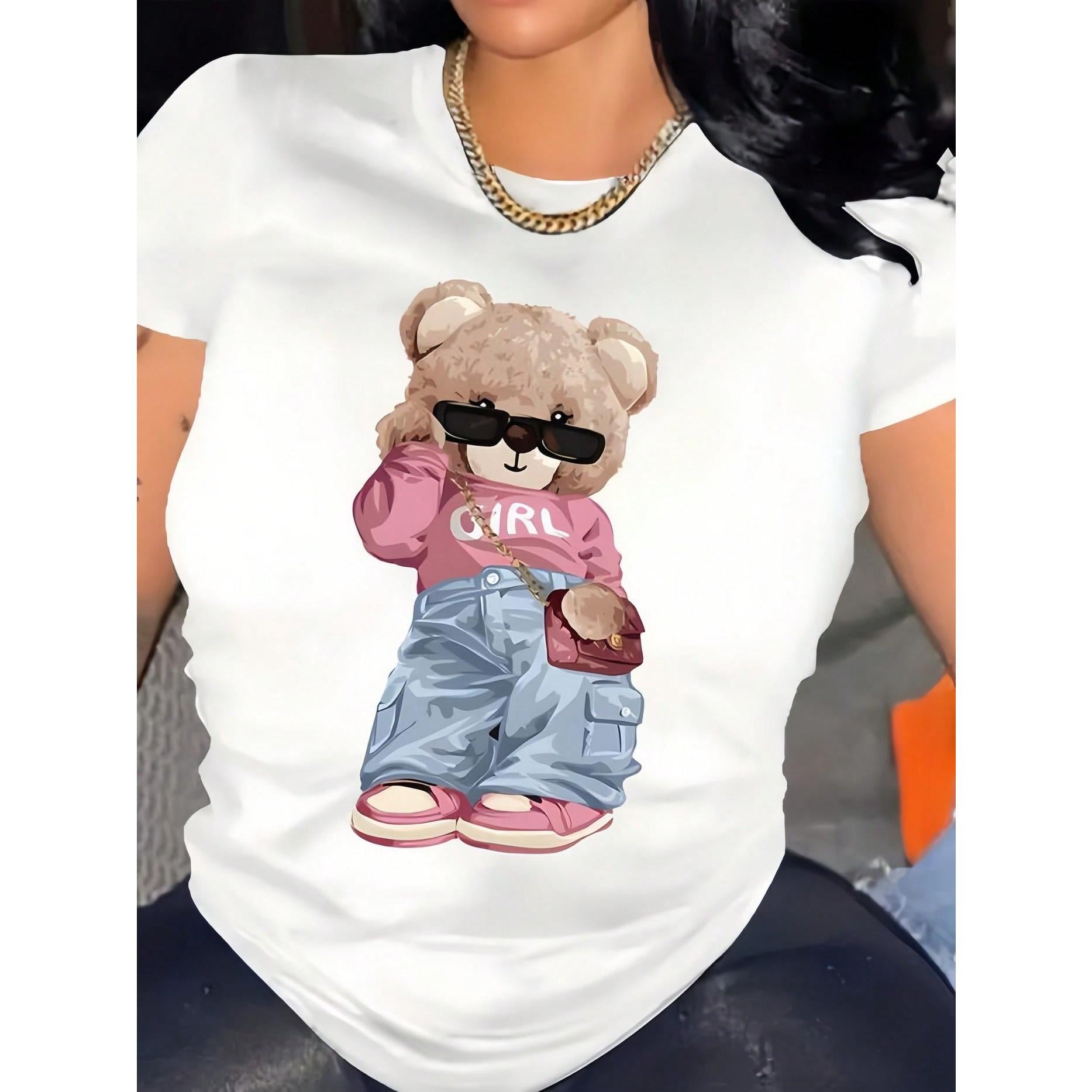 Women' Cool Bear Girl Print White TShirt Crew Neck Casual Cotton Tee