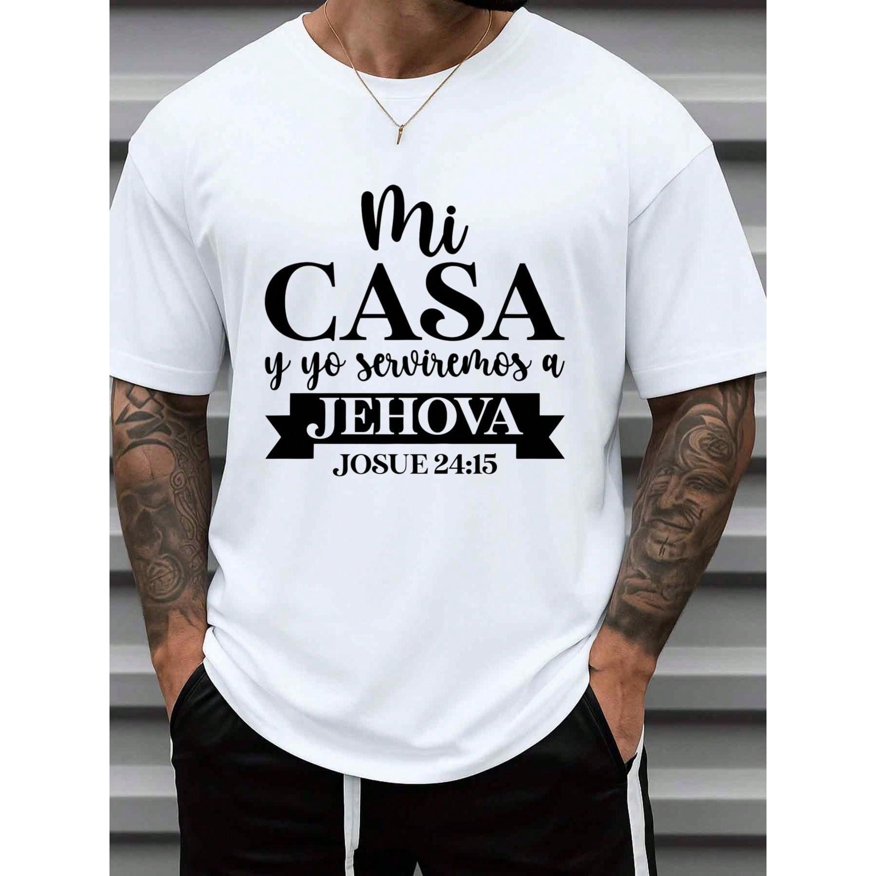 Men'S Christian Spanish Bible Verse T-Shirt - Mi Casa Jehova - 100% 180GSM Heavyweight, White With Black Spanish Scripture Print (Josue 24:15), Casual & Church Wear, All-Season Comfort, Durable Activewear For Daily & Weekend, Faith-Based Apparel