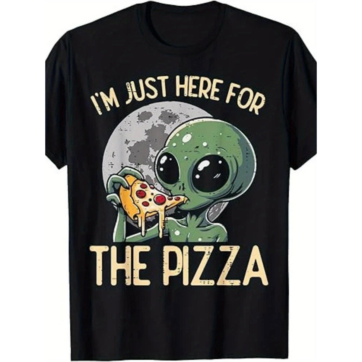 I Am Just Here For The Pizza Alien Graphic Tee for Men, Funny 80s Sci-Fi UFO Retro Short Sleeve T-Shirt, Green Alien Pizza Slice Print Casual Crew Neck Top for Daily Wear
