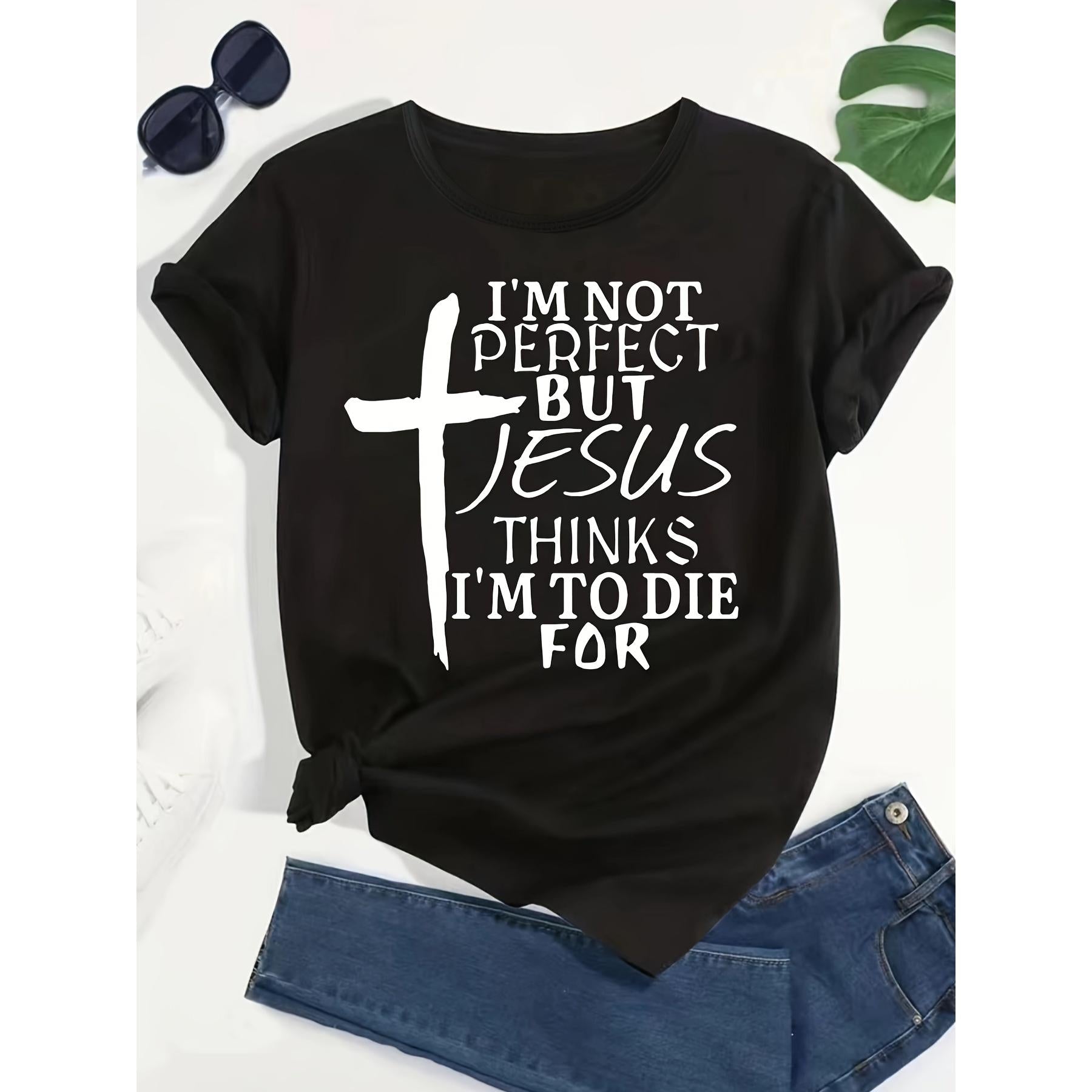 Plus Size Cross & Letter Print T-Shirt, Casual Short Sleeve Top For Spring & Summer, Women's Plus Size Clothing