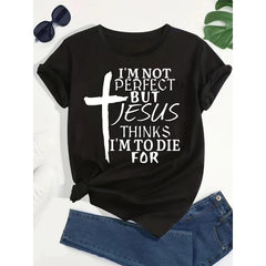 Plus Size Cross & Letter Print T-Shirt, Casual Short Sleeve Top For Spring & Summer, Women's Plus Size Clothing