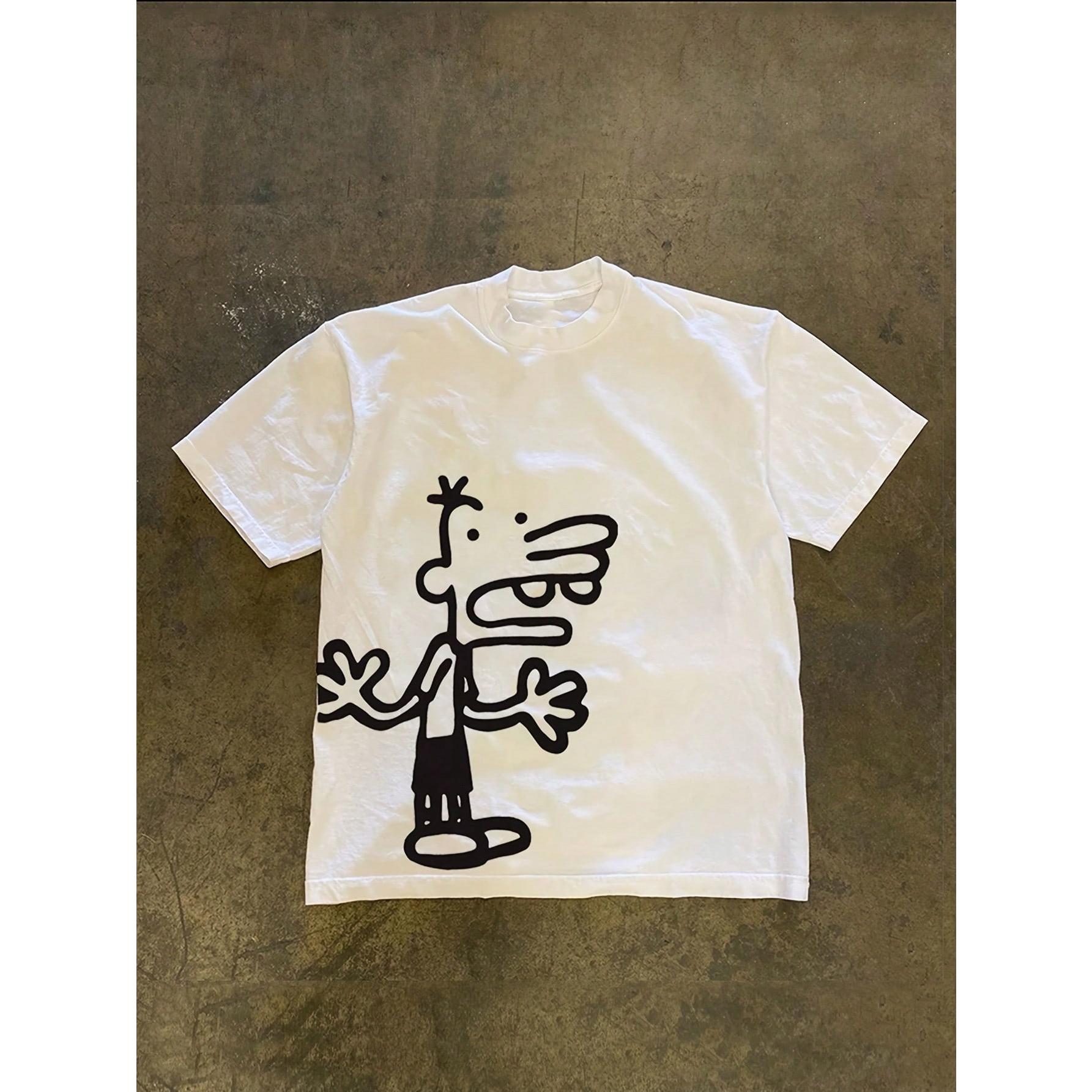 White Printed T-Shirt - Short Sleeve Cartoon Character Drawing Style Soft & Light Beige-Friendly, Machine Washable, Basic & Versatile