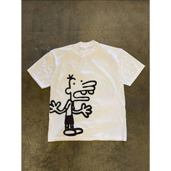 White Printed T-Shirt - Short Sleeve Cartoon Character Drawing Style Soft & Light Beige-Friendly, Machine Washable, Basic & Versatile