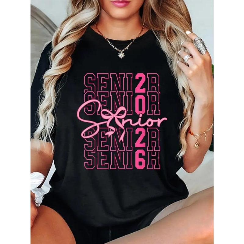 100% Cotton Class Of 2026 Coquette Bow Senior 2026 Graduation Girl Women T-Shirt Casual Short Sleeve Shirt