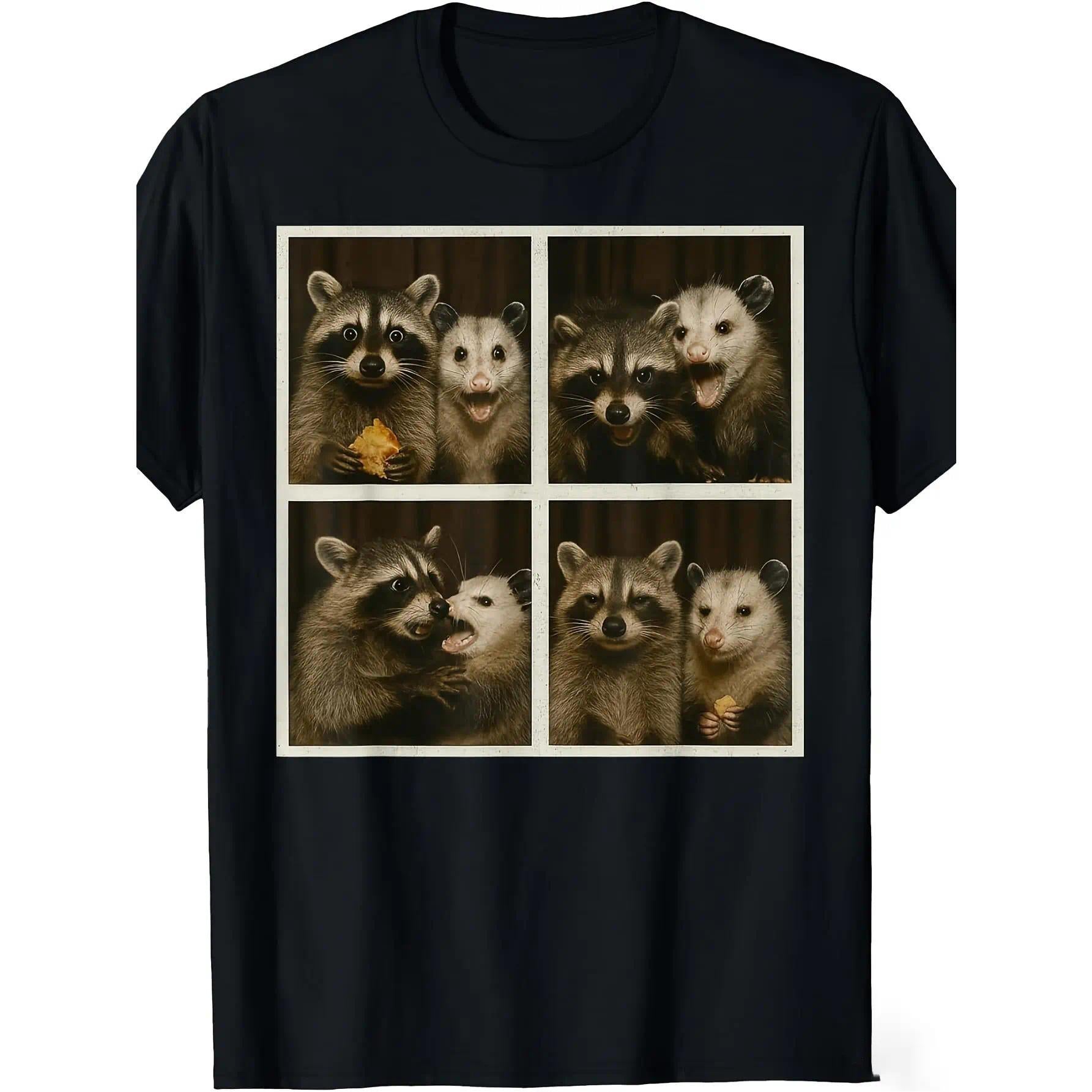 Unisex Retro Vintage Original Menswear Cotton T-Shirt - Funny Possum & Raccoon Photobooth Selfie Graphic, 4 Animal Selfies, 220gsm Heavyweight, Breathable, Short Sleeve, All-Season Fit, Casual & Day Themed Events, Vintage Shirts, Casual Fit, Animal Charac