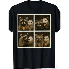 Unisex Retro Vintage Original Menswear Cotton T-Shirt - Funny Possum & Raccoon Photobooth Selfie Graphic, 4 Animal Selfies, 220gsm Heavyweight, Breathable, Short Sleeve, All-Season Fit, Casual & Day Themed Events, Vintage Shirts, Casual Fit, Animal Charac