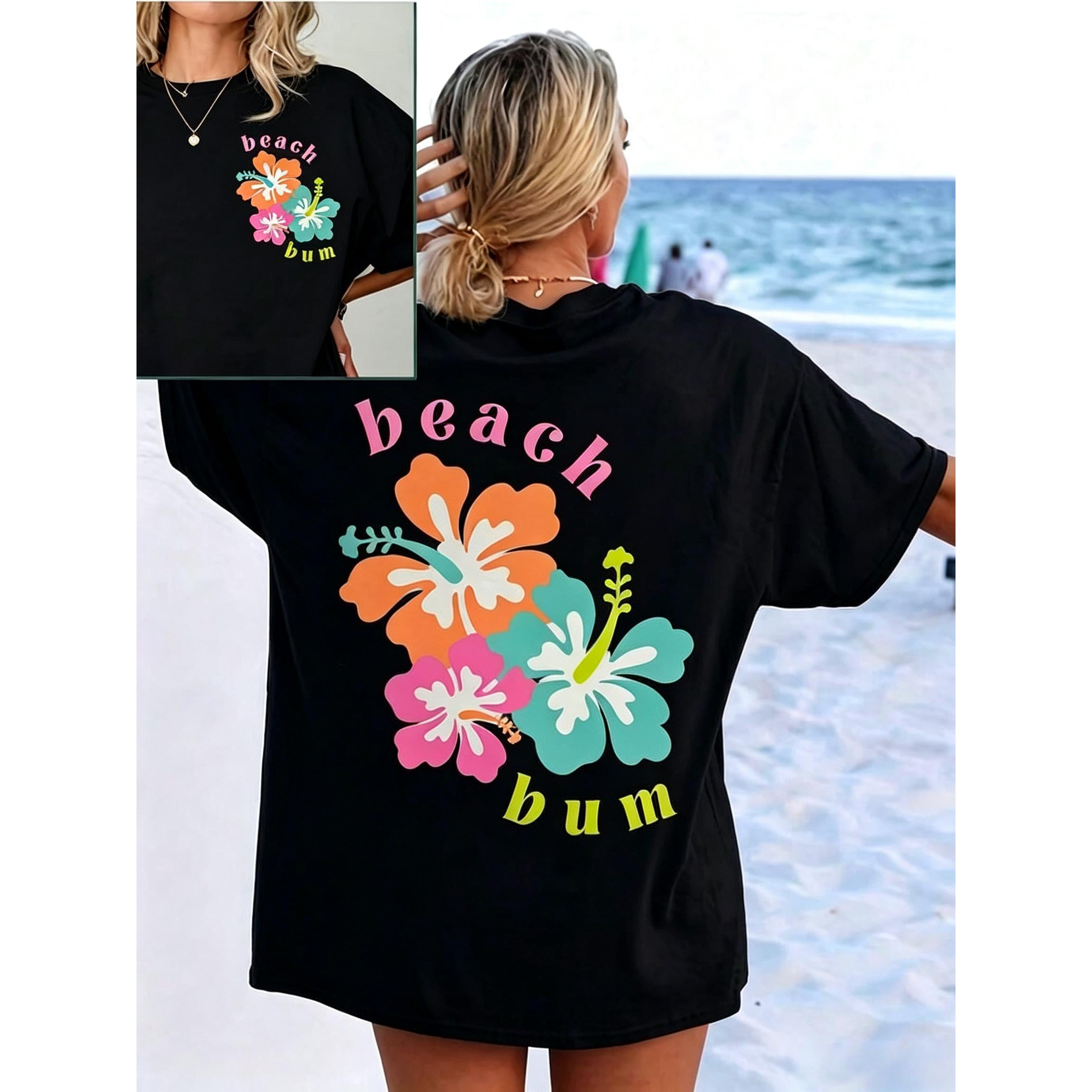 Women's Floral Print Drop Shoulder T-Shirt | Casual Short Sleeve Crew Neck Top With "Beach Bum" Design - Comfortable Breathable Pure Fabric For Spring Summer