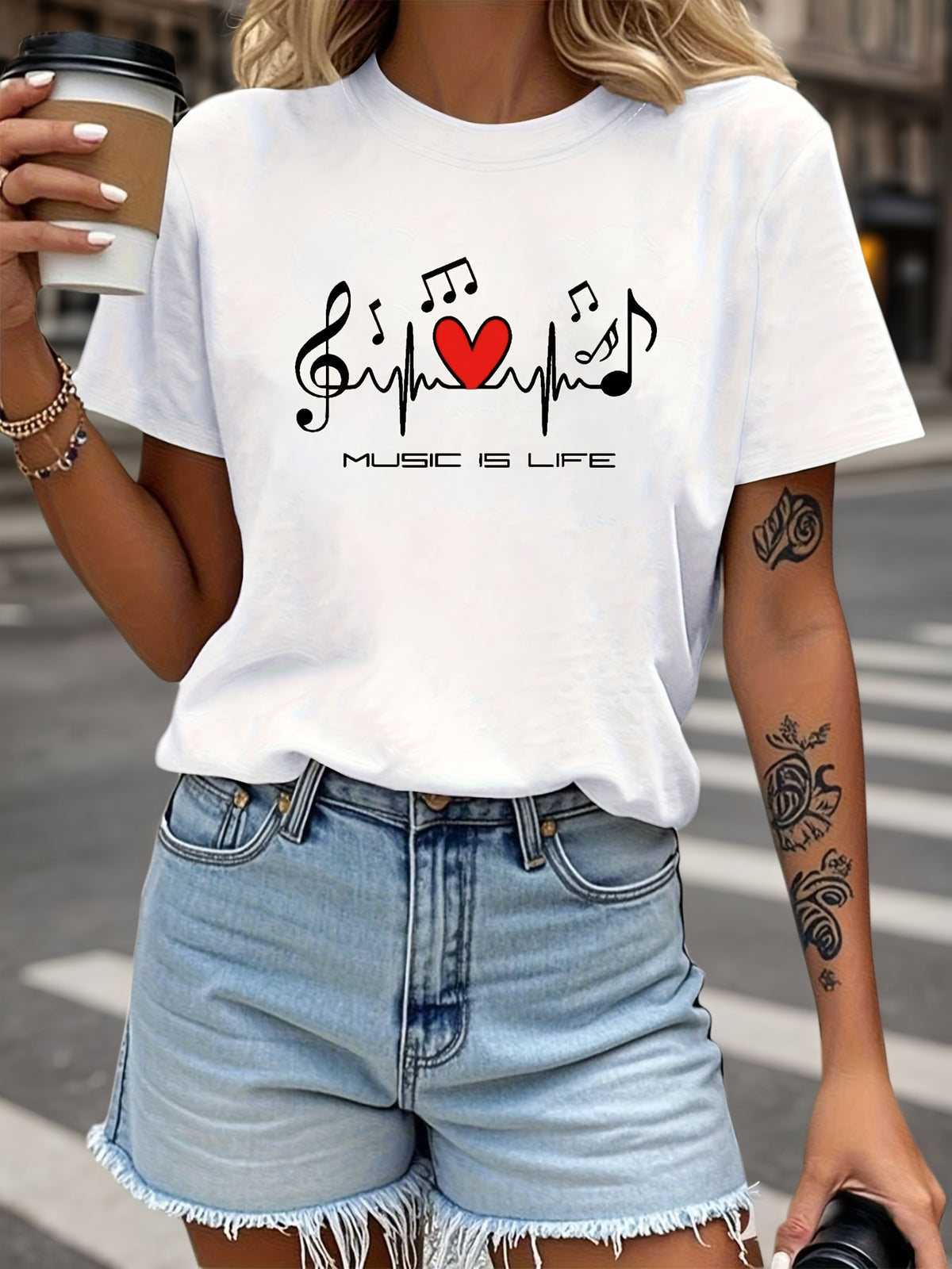 Women'S T-Shirt Featuring The Phrase 'MUSIC IS LIFE' with Heart And Musical Note Designs, Perfect for Artistic And Music Lovers. This White Short-Sleeve Round-Neck Printed Tee