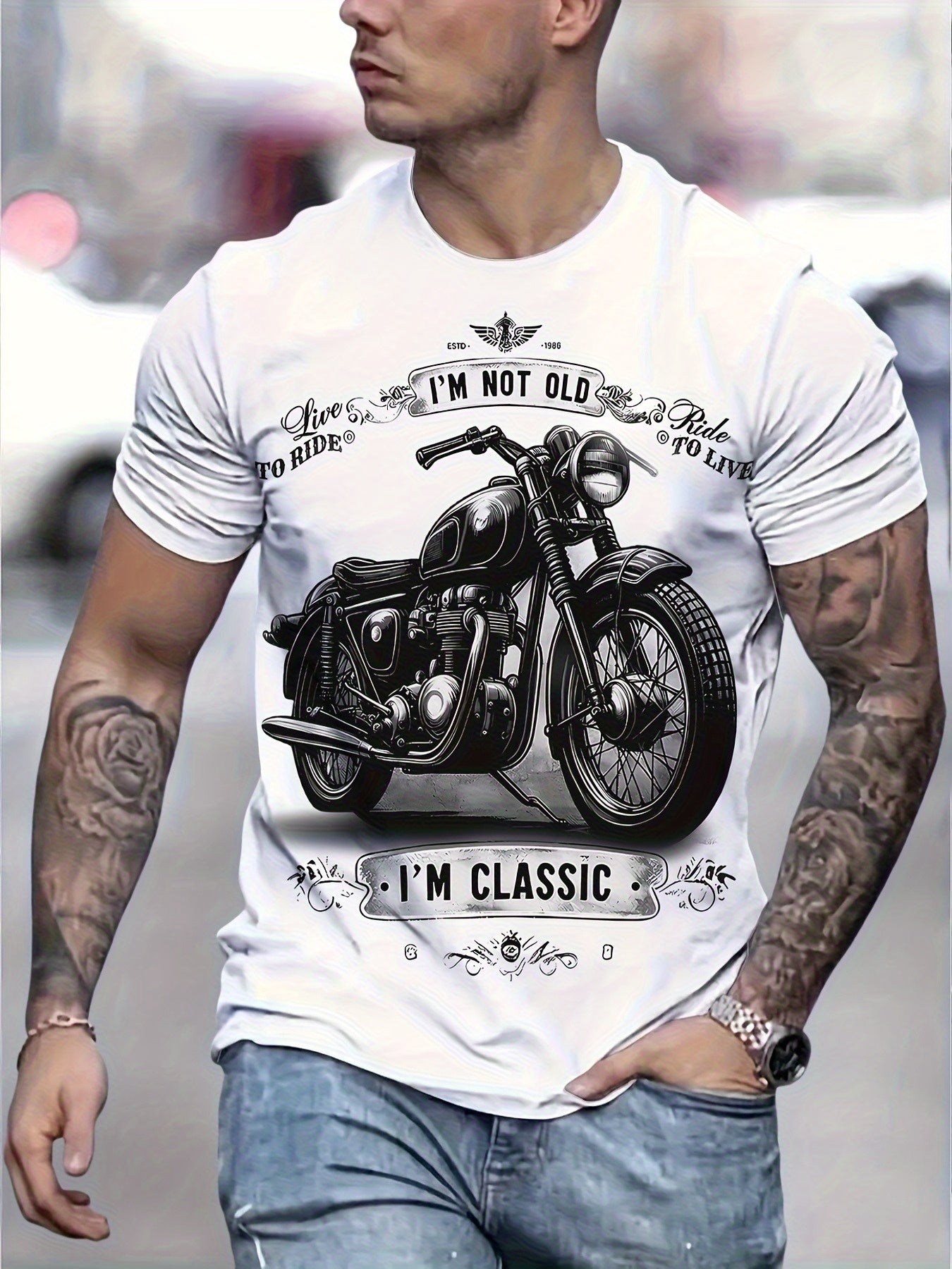 Summer Casual Men's Short Sleeve Tees Vintage Style Motorcycle Print and "I'M NOT OLD I'M CLASSIC" Graphic Tshirt Menwear