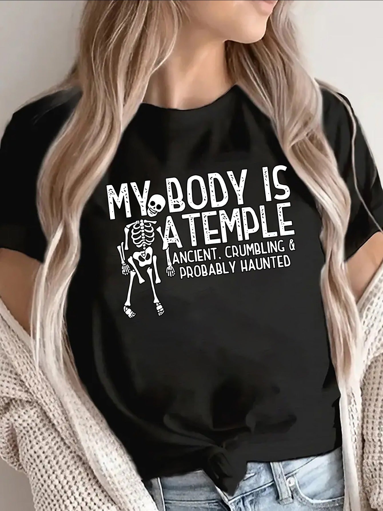 Short Sleeve TShirt with My Body Is A Temple Graphic, Funny Skeleton Design for Casual Wear, Perfect for Home Cafe or Everyday Outings