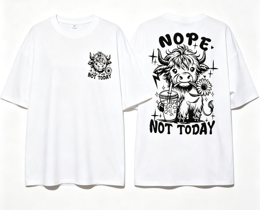 Women's T-Shirt Women's Nope Not Today Highland Cow Graphic T‑Shirt, Retro Western Cow With Iced Coffee Sunflower Back Print Women Tees