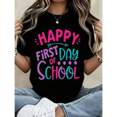 Women T Shirt Happy First Day Of School Graphic Print Casual Top For Back To School Season