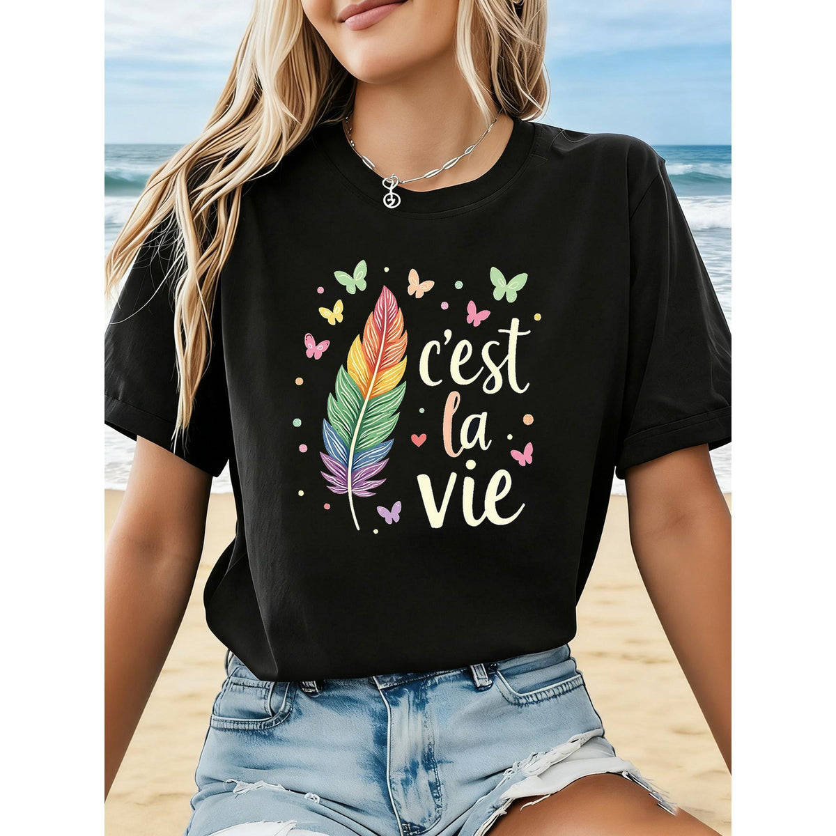 C'est La Vie Graphic Print Women's T-shirt, Short Sleeve Crew Neck Casual Top