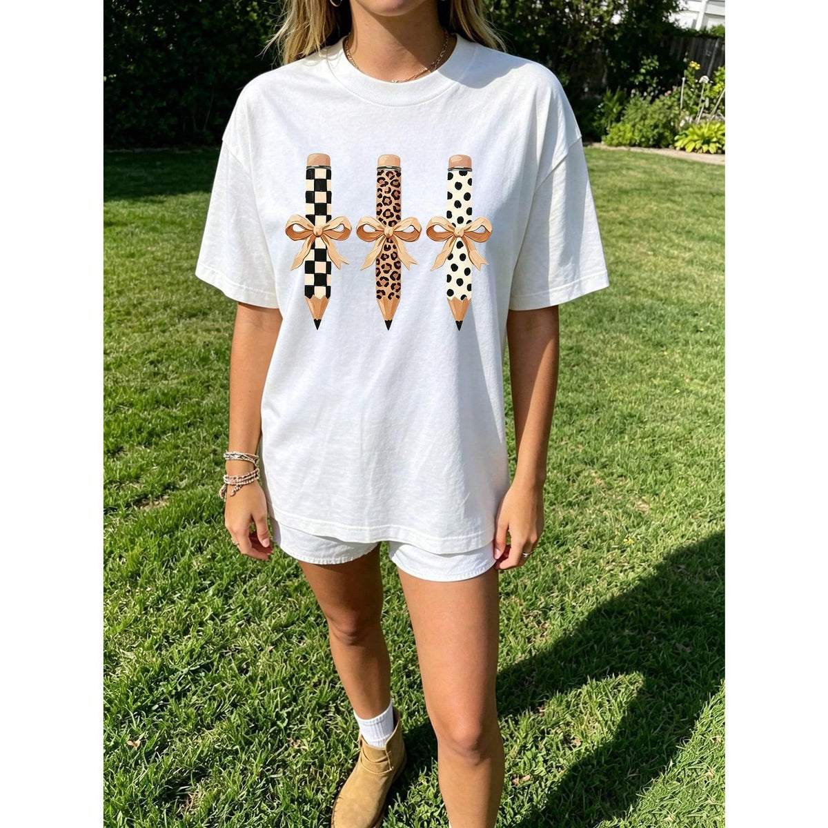 Retro Bow Pencil Graphic Print Short Sleeve T-Shirt Casual Summer Vacation Crew Neck Women Top