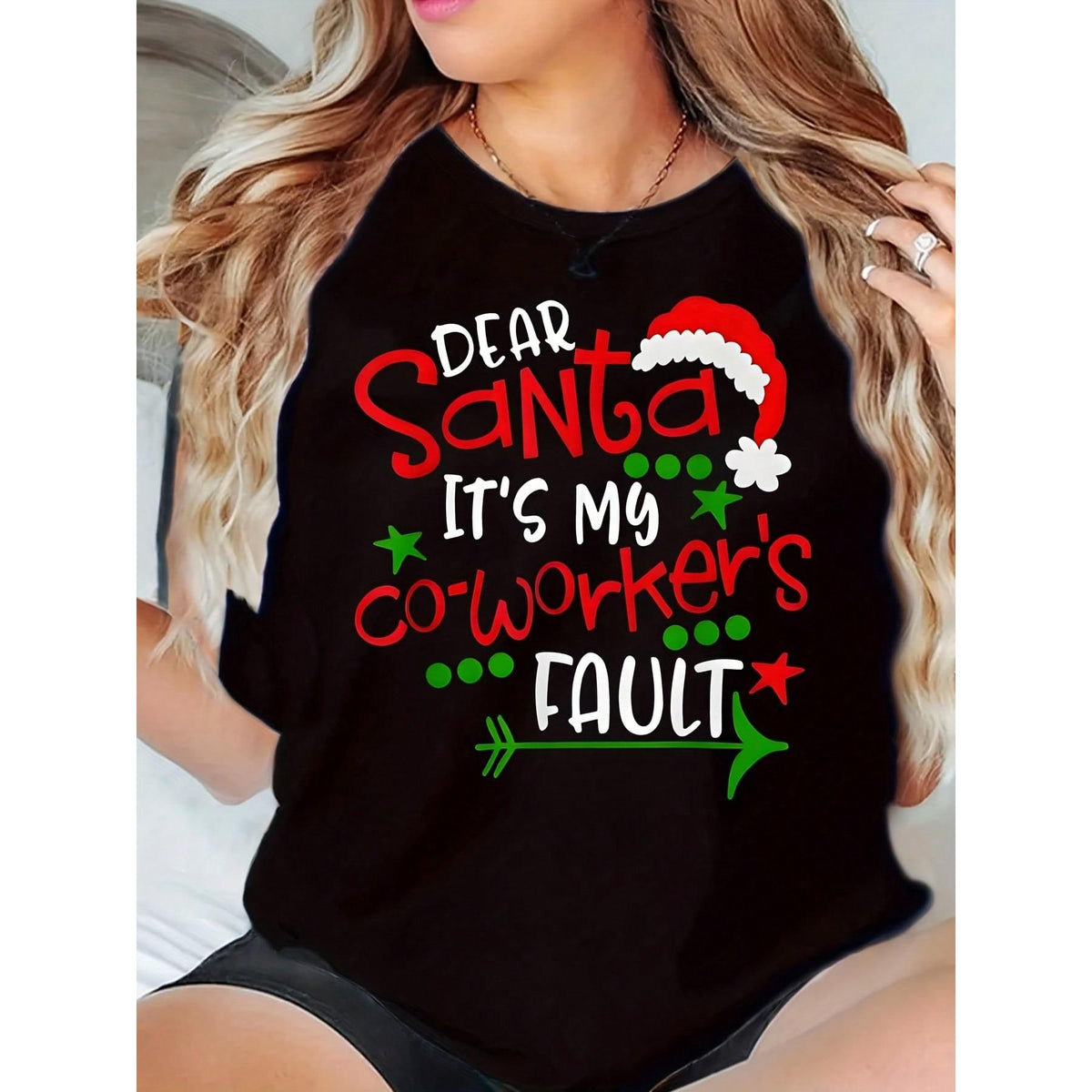 Santa Hat Print Dear Santa It's My Coworker's Fault T-Shirt