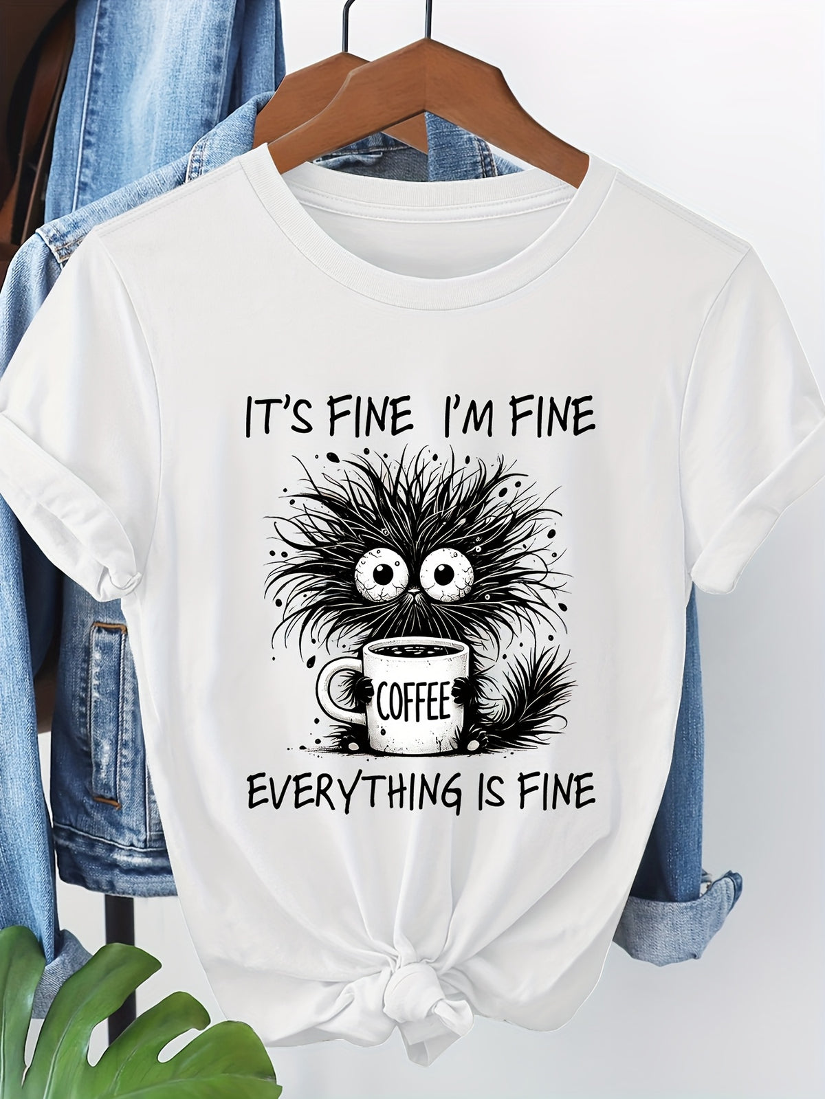 Women's Funny Coffee Graphic T-Shirt, It's Fine I'm Fine Everything Is Fine Print Casual Crew Neck Short Sleeve Tee, Cute Coffee Lover Everyday Shirt