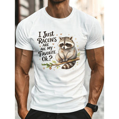 Men'S Casual Round Neck T-Shirt, Tee with Raccoon Pinecone Print, Geometric Pattern, for Daily Wear