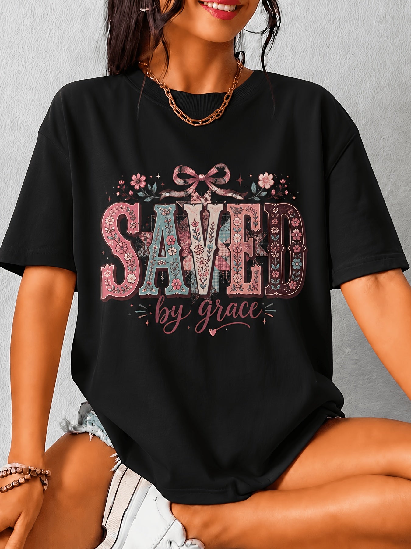 Womens Saved By Grace T-Shirt Christian Faith Floral Cross Tee Religious Gift