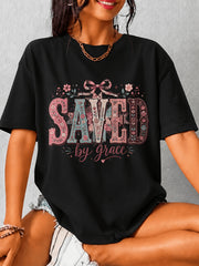 Womens Saved By Grace T-Shirt Christian Faith Floral Cross Tee Religious Gift