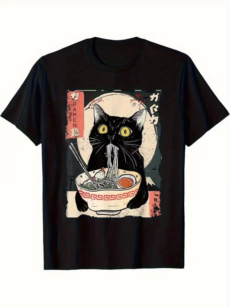 Men's Vintage Japanese Ramen Cat T-Shirt - Kitten Eating Noodles Print Round Nec