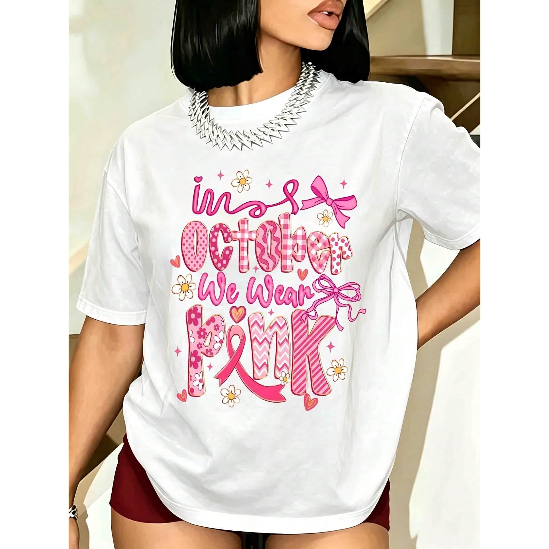 Women October We Wear Pink Breast Cancer Awareness T Shirt Black Short Sleeve Graphic Tee Casual Summer Top With Floral Ribbon Print