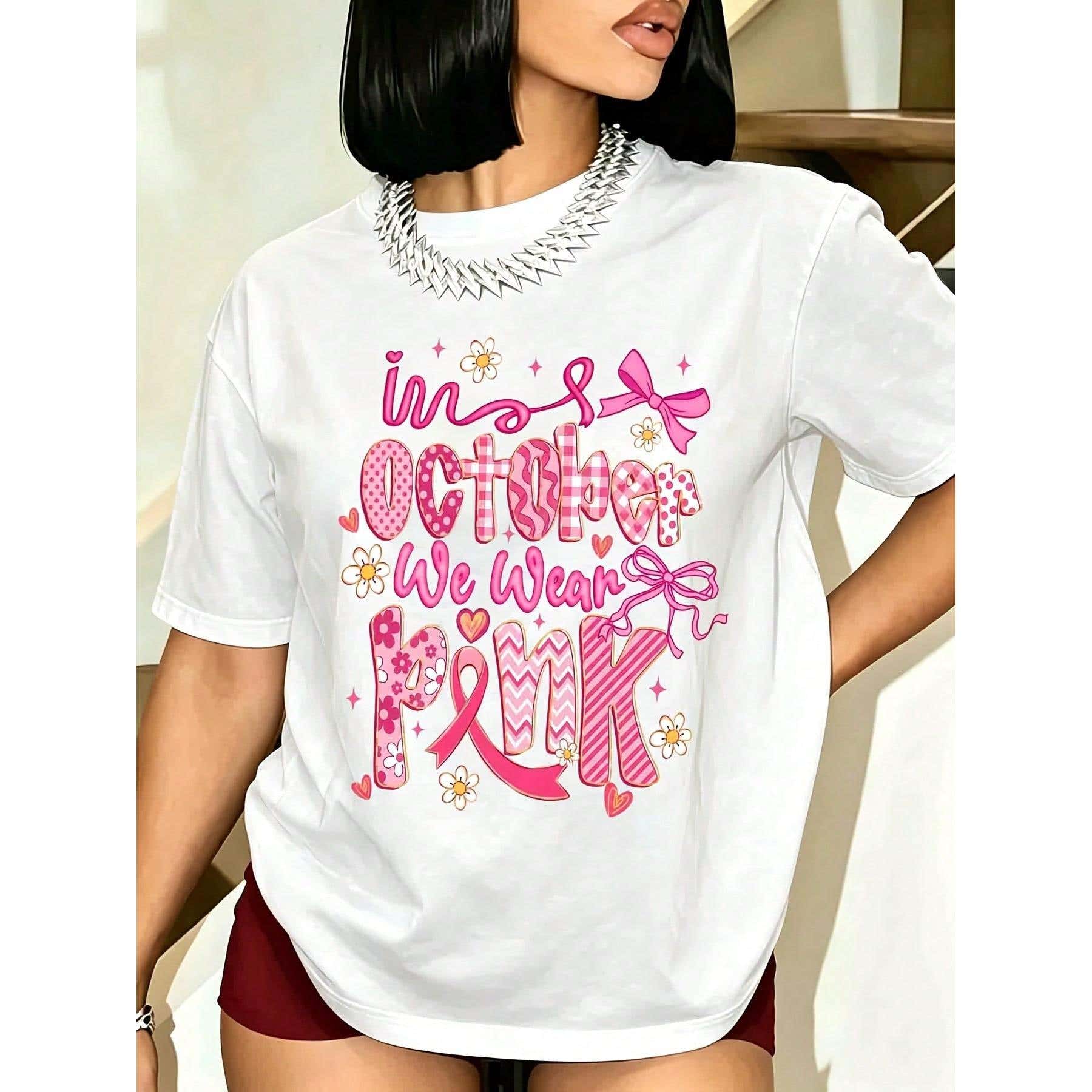 Women October We Wear Pink Breast Cancer Awareness T Shirt Black Short Sleeve Graphic Tee Casual Summer Top With Floral Ribbon Print