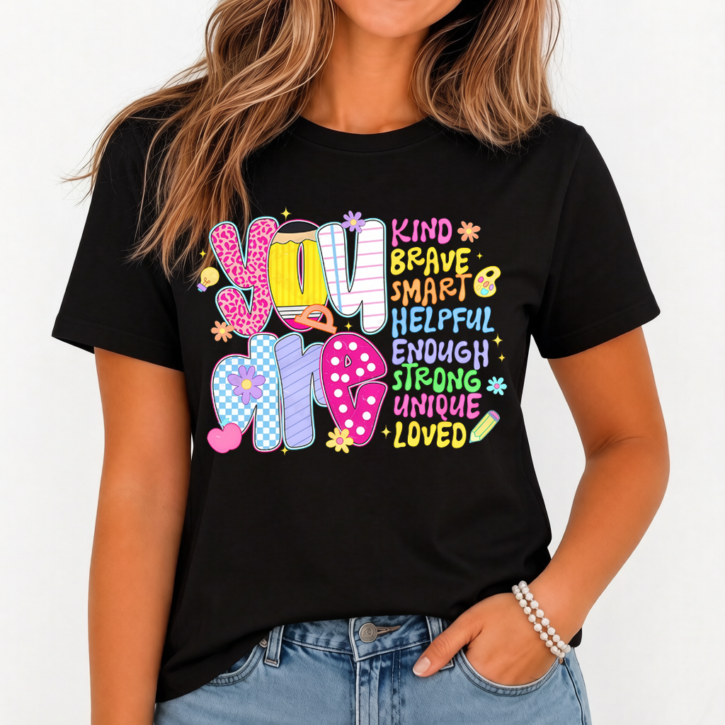 Women's Inspirational T-Shirt With "You Are Brave Smart Helpful Enough Strong Unique Loved" Positive Affirmations , Colorful Motivational Lettering & Striped Pattern, Teacher's Day Birthday Gift